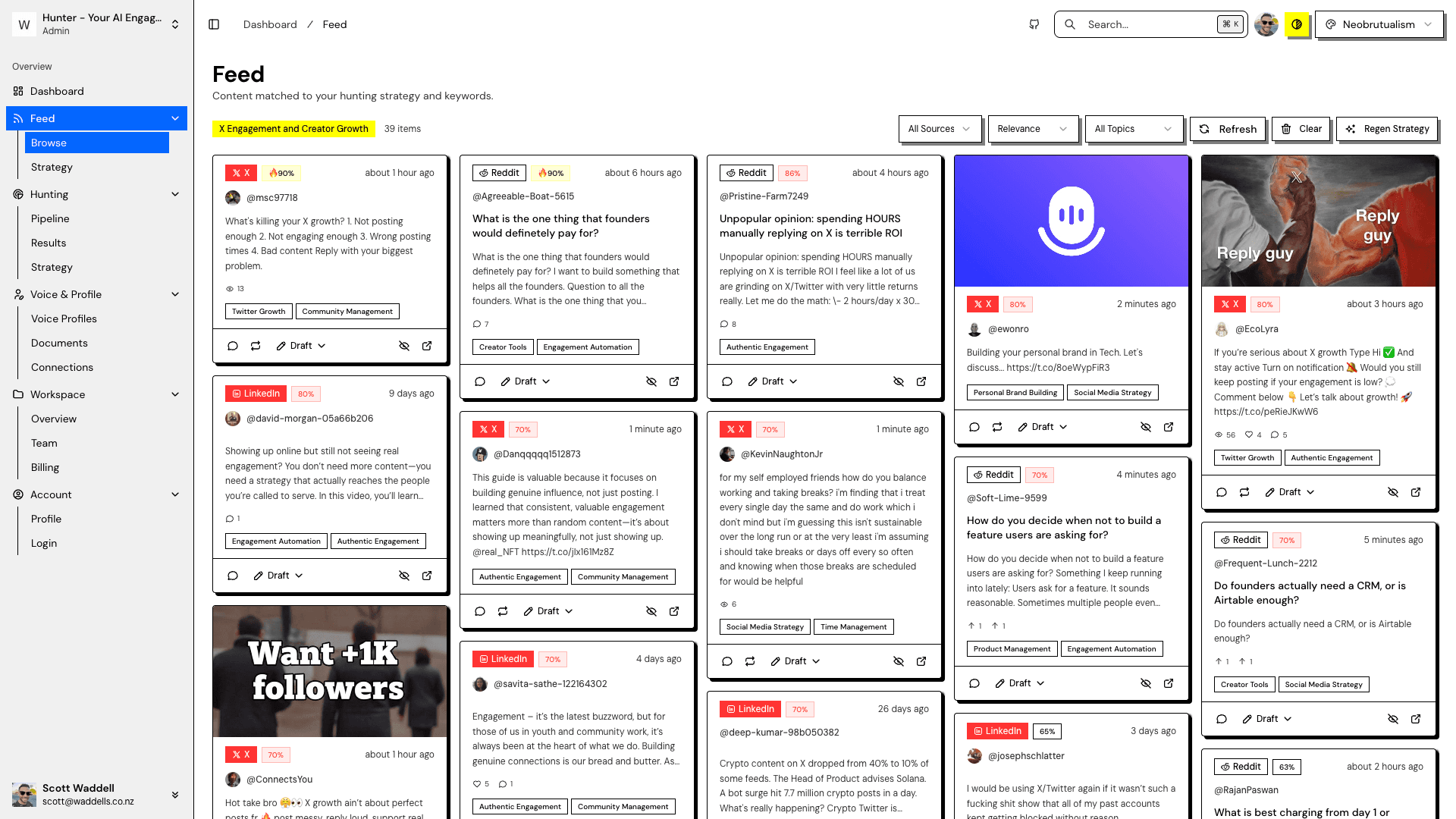 Hunter feed — AI-powered social engagement dashboard