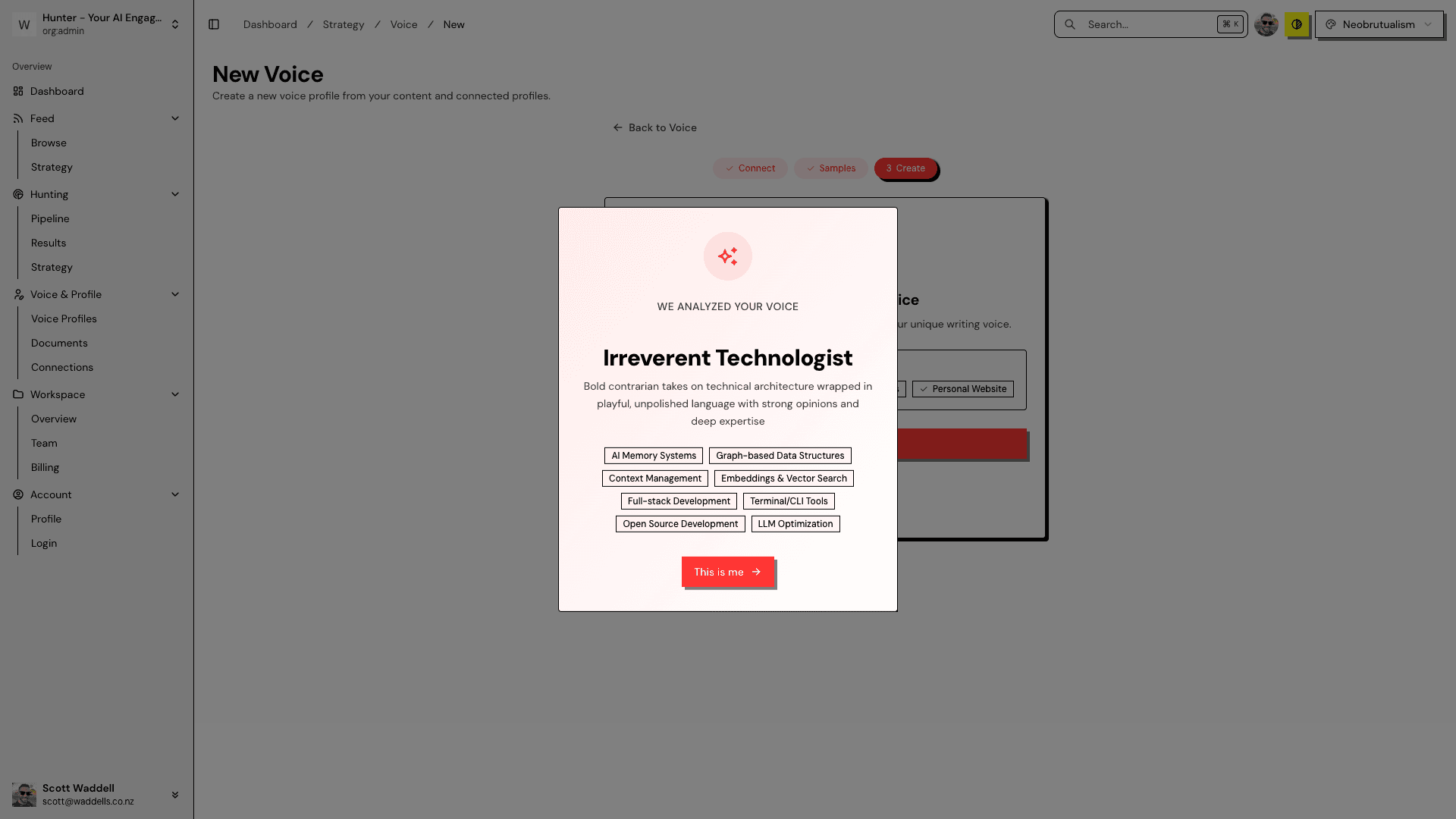 Hunter voice — AI personality and writing style configuration