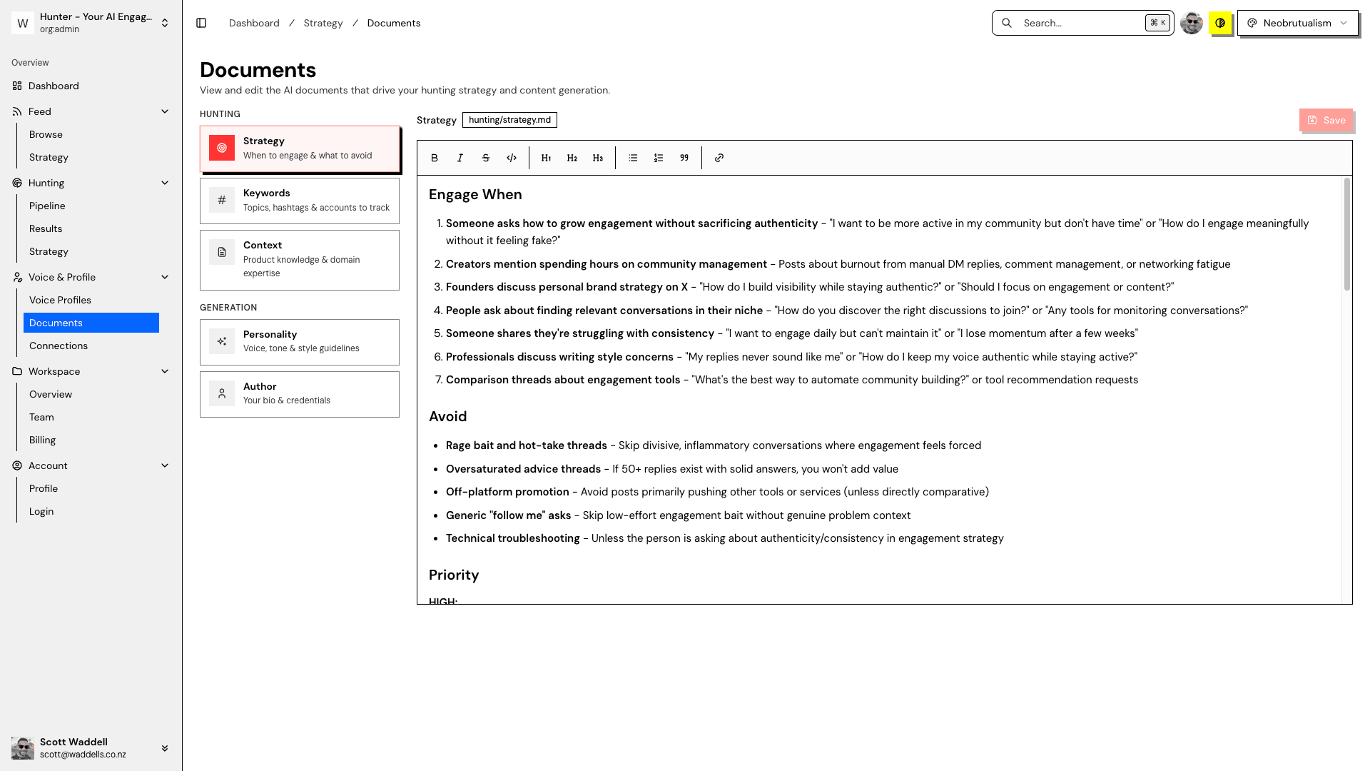 Hunter documents — AI context documents for your brand